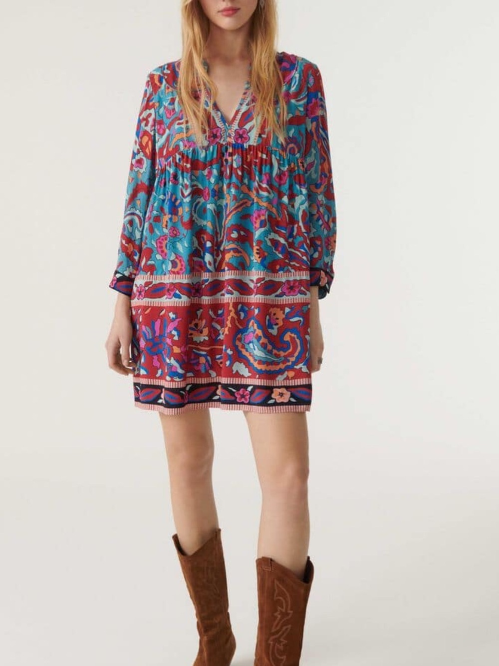ba&sh Paisley V-Neck Maureen Mini Dress in Teal & Red